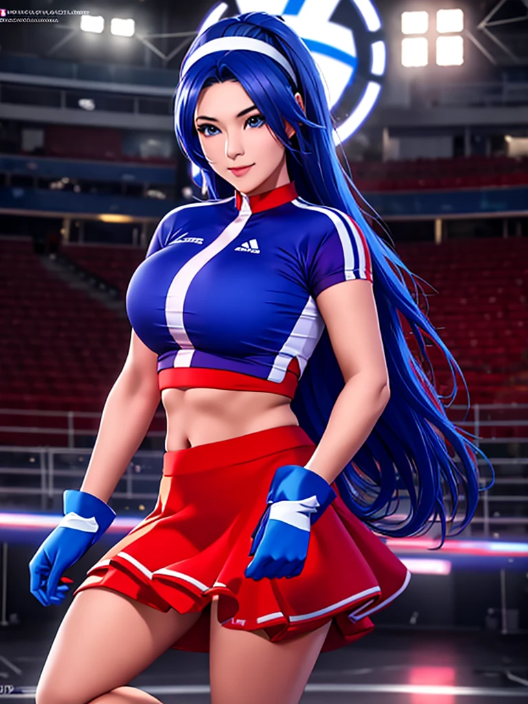 20-year-old woman, alone, alone, athletic, sexy body, wears a short red skirt and blue shorts under the skirt, wears a red and blue top close to her body, wears blue exercise gloves that cover almost her entire forearm, headband on her head with a star, long blue hair flowing, blue sneakers, looks at the viewer very happy, cinematic, ultra-sharp focus, award-winning photography, perfect contrast, high sharpness, depth of field. ultra detailed photography, global illumination, fluid, ultra high definition, 8k, Unreal Engine 5, ultra sharp focus, award winning photography, art season trends,
