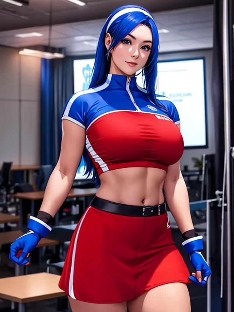 20-year-old woman, alone, alone, athletic, sexy body, wears a short red skirt and blue shorts under the skirt, wears a red and blue top close to her body, wears blue exercise gloves that cover almost her entire forearm, headband on her head with a star, long blue hair flowing, blue sneakers, looks at the viewer very happy, cinematic, ultra-sharp focus, award-winning photography, perfect contrast, high sharpness, depth of field. ultra detailed photography, global illumination, fluid, ultra high definition, 8k, Unreal Engine 5, ultra sharp focus, award winning photography, art season trends,
