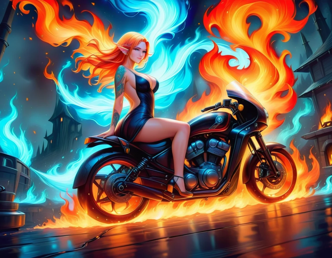 Arafed, Dark fantasy art, fantasy art, goth art, a picture of a of a tattooed female elf near her motorcycle (masterwork, best detailed, ultra detail: 1.5) the tattoo is vivid, intricate detailed coming to life from the ink to real life, GlowingRunesAI_paleblue, ((fire surrounds the motorcycle: 1.5)), ultra feminine, ((beautiful delicate face)), Ultra Detailed Face, small pointed ears, dynamic angle, ((the back is visible: 1.3), she wears a transparent black dress, the dress is elegant, flowing, elven style, that the tattoos glow, dynamic hair color, dynamic hair style, high details, best quality, 16k, [ultra detailed], masterpiece, best quality, (extremely detailed), dynamic angle, full body shot, faize, drkfntasy, Digital Painting, Cinematic Hollywood Film