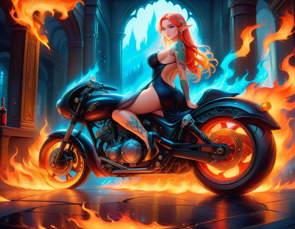 Arafed, Dark fantasy art, fantasy art, goth art, a picture of a of a tattooed female elf near her motorcycle (masterwork, best detailed, ultra detail: 1.5) the tattoo is vivid, intricate detailed coming to life from the ink to real life, GlowingRunesAI_paleblue, ((fire surrounds the motorcycle: 1.5)), ultra feminine, ((beautiful delicate face)), Ultra Detailed Face, small pointed ears, dynamic angle, ((the back is visible: 1.3), she wears a transparent black dress, the dress is elegant, flowing, elven style, that the tattoos glow, dynamic hair color, dynamic hair style, high details, best quality, 16k, [ultra detailed], masterpiece, best quality, (extremely detailed), dynamic angle, full body shot, faize, drkfntasy, Digital Painting, Cinematic Hollywood Film