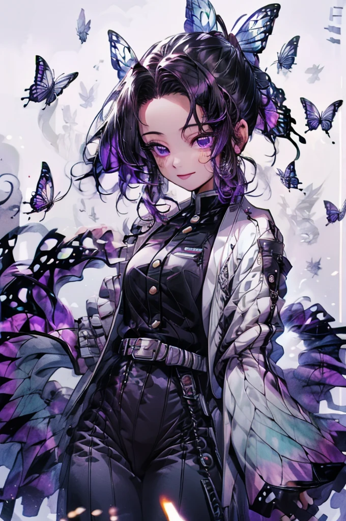 masterpiece, best quality,(detailed), 1girl, solo, kochou shinobu, butterfly hair ornament, purple eyes, multicolored hair, short hair, parted bangs, haori, wide sleeves, long sleeves, black pants, black jacket, belt, sexy, smile, from below, fingering, schlick, masturbation