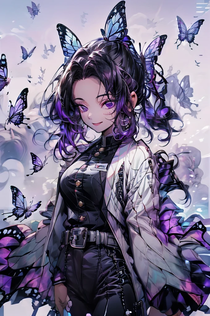 masterpiece, best quality,(detailed), 1girl, solo, kochou shinobu, butterfly hair ornament, purple eyes, multicolored hair, short hair, parted bangs, haori, wide sleeves, long sleeves, black pants, black jacket, belt, sexy, smile, from below, fingering, schlick, masturbation