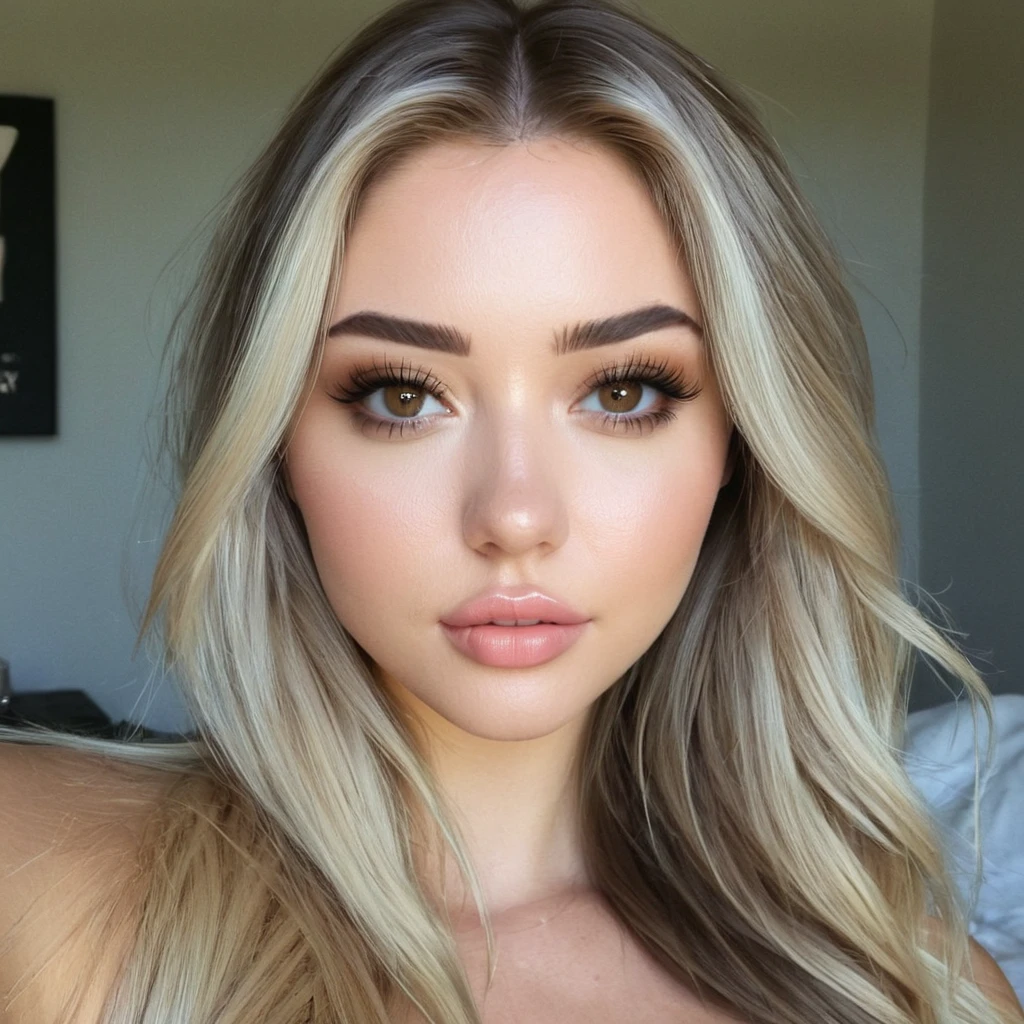 portrait of a blond woman, 18 years old, 21 years old, kailee mandel, 2 4 year old female model, 1 , sydney sweeney, selfie of a young woman, 2 2 years oldsophie mudd, posing in a bedroom, profile pic, ultrarealistic eyes, photorealistic dark brown eyes