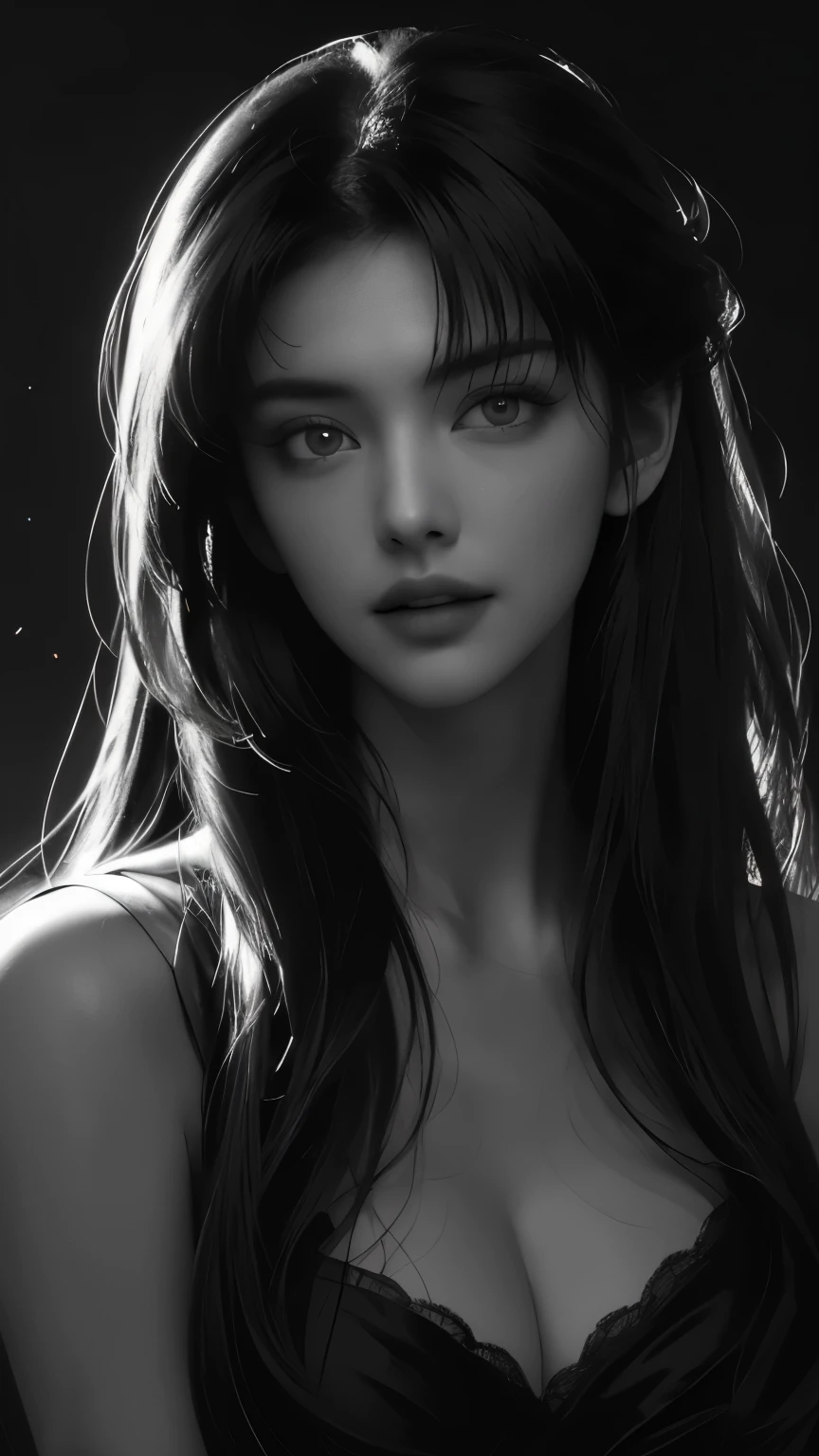 masterpiece, best quality, RAW photos, high resolution, hyper-detailing, Focus on the face, looking at viewer, Detailed eyebrows, realistic beautiful eyes, realistic glossy skin, straight Bangs, realistic movie lighting, detail shaded, high contrast, Slender, big boob, Big breasts, Exposed cleavage, nsfw, Sexy face, Facial expressions when receiving pleasure, ((Dark background)),