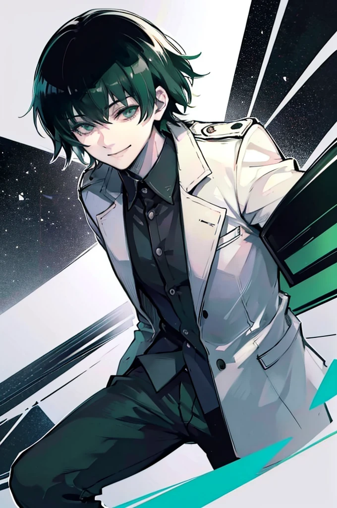 young man, black medium hair, green eyes, smiling, medium hair, wearing a pure white trench coat, wearing black pants, in one city, 4k, detailed, sui ishida art style, detailed eyes,
