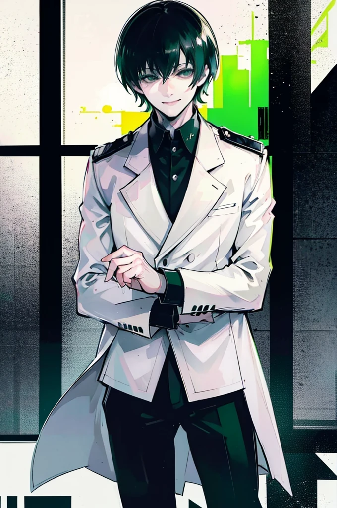 young man, black medium hair, green eyes, smiling, medium hair, wearing a pure white trench coat, wearing black pants, in one city, 4k, detailed, sui ishida art style, detailed eyes,
