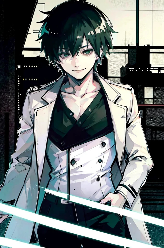 young man, black medium hair, green eyes, smiling, medium hair, wearing a pure white trench coat, wearing black pants, in one city, 4k, detailed, sui ishida art style, detailed eyes,
