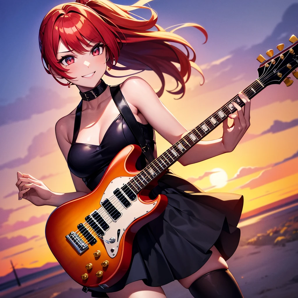 flying guitar burns, Princess of Heavy Metal, Cherry Sunburst, V-Shaped Guitar, Sassy Young Lady Guitarist Click Posing with wry smile, Uprising Her Guitar