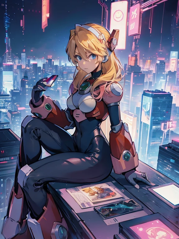 alia_megamanx sitting on the border of the top of a building Tokyo - bak cyberpunk city at the background, ssci - fi, fantasy, intricate, very very beautiful, elegant, neon light, highly detailed, digital painting, artstation, concept art, human anatomy, soft light, smooth, illustration, by tian zi and artgerm and greg rutkowski and alphonse mucha and loish and WLOP
