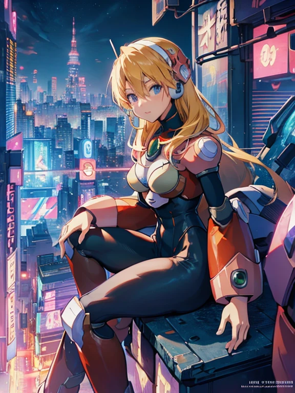 alia_megamanx sitting on the border of the top of a building Tokyo - bak cyberpunk city at the background, ssci - fi, fantasy, intricate, very very beautiful, elegant, neon light, highly detailed, digital painting, artstation, concept art, human anatomy, soft light, smooth, illustration, by tian zi and artgerm and greg rutkowski and alphonse mucha and loish and WLOP