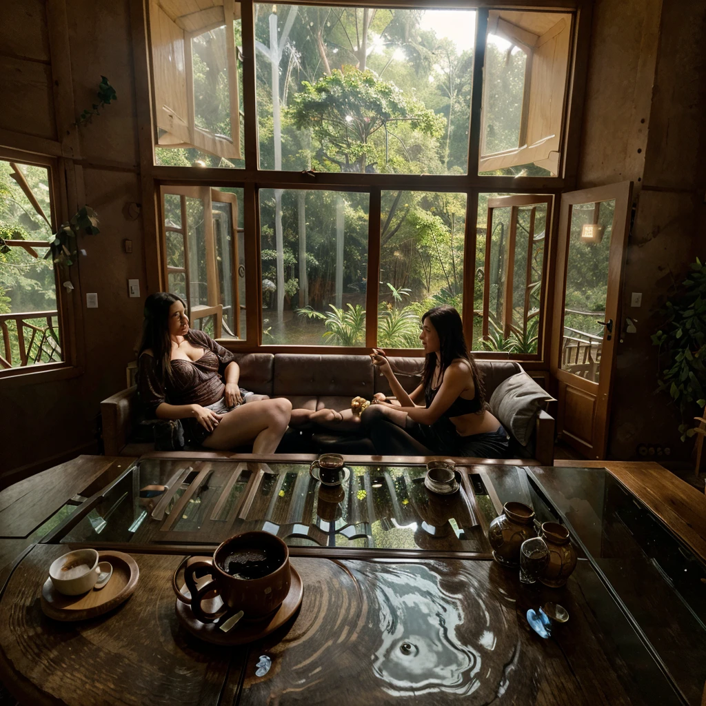 Interior view of wooden house with large glass window overlooking a forest, The weather is heavy rain, agua escorre no vidro, clima frio, sem neve, Dense forest outside, lareira com fogo baixo, livros na estante, wooden table with cups of hot coffee for two, A man and a woman are sitting on a brown leather sofa, eles conversam e riem.