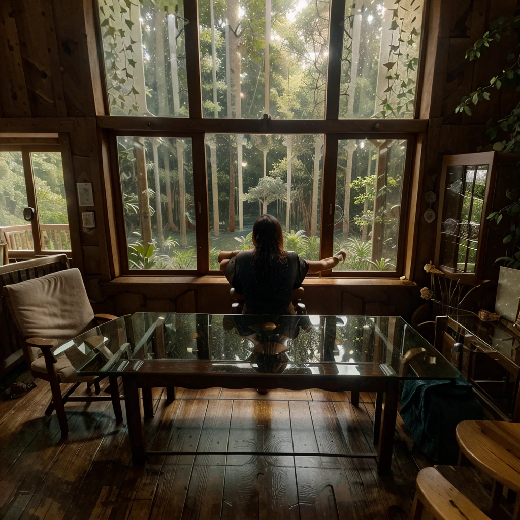 Interior view of wooden house with large glass window overlooking a forest, The weather is heavy rain, agua escorre no vidro, clima frio, sem neve, Dense forest outside, lareira com fogo baixo, livros na estante, wooden table with cups of hot coffee for two, A man and a woman are sitting on a brown leather sofa, eles conversam e riem.