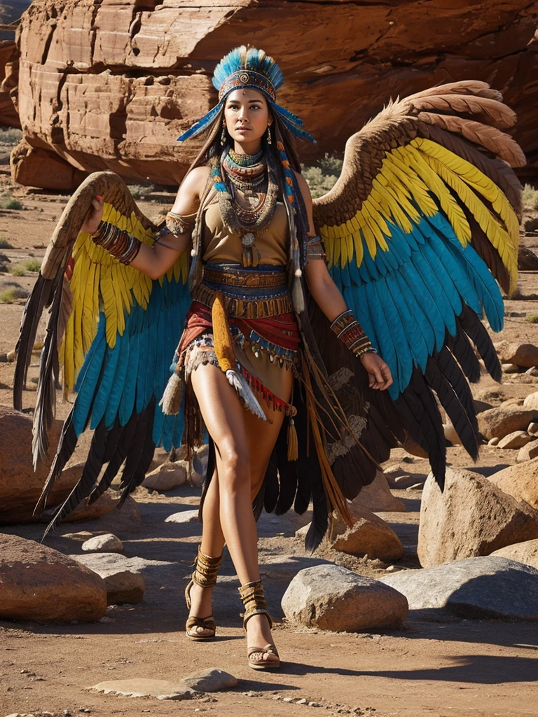 shaman girl, long legs. full colours In stone Valley. Big feathers, earth