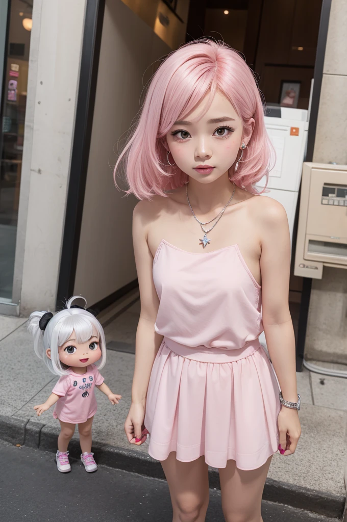 Short woman cartoon character with pink skin color and wearing 925 silver jewelry