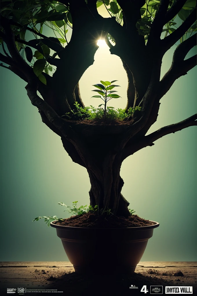Intensely the film, a captivating poster. The composition exudes cinematic lighting and color gradation. Show a small plant growing, with strong, large roots at the bottom.