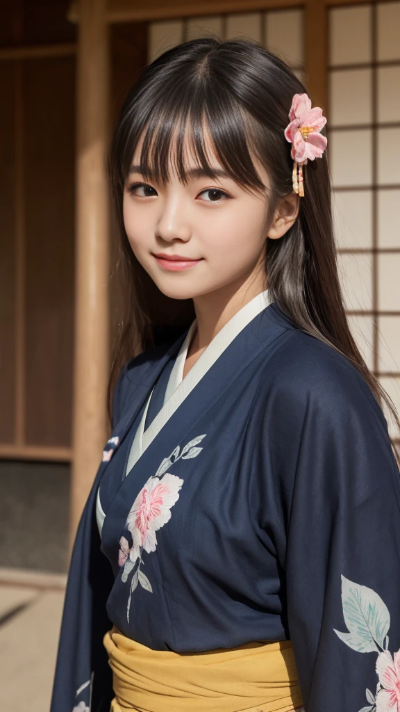 (top-quality、masterpiece:1.2)、Best Quality、realisitic、photoshot、hight resolution、1080p、8K、Textured skin、Physical Rendering、1 Japan Girls、a junior high school student、kawaii、Young Face、Rolled hair、(japanese kimono:1.5)、kyoto、full of shyness、smil、Big