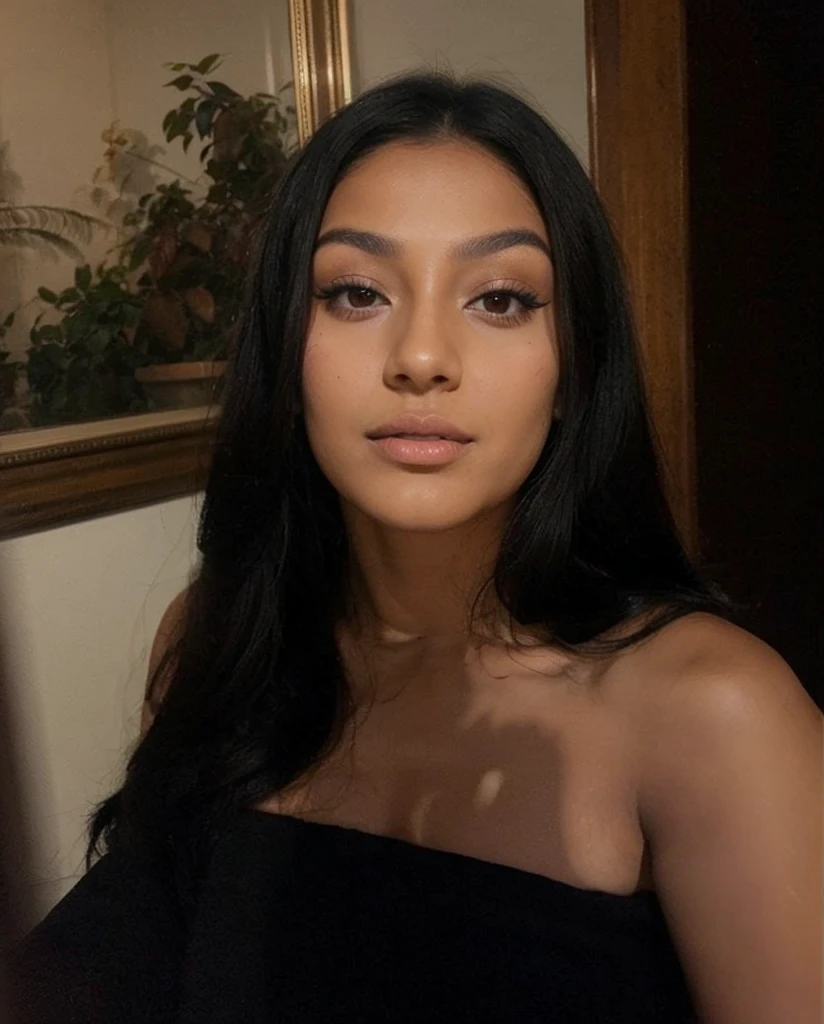 young latina with tanned face makeup black hair, we can see his face clearly, son visage est clair