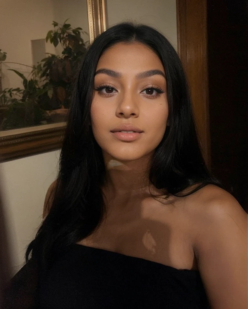 young latina with tanned face makeup black hair, we can see his face clearly, son visage est clair