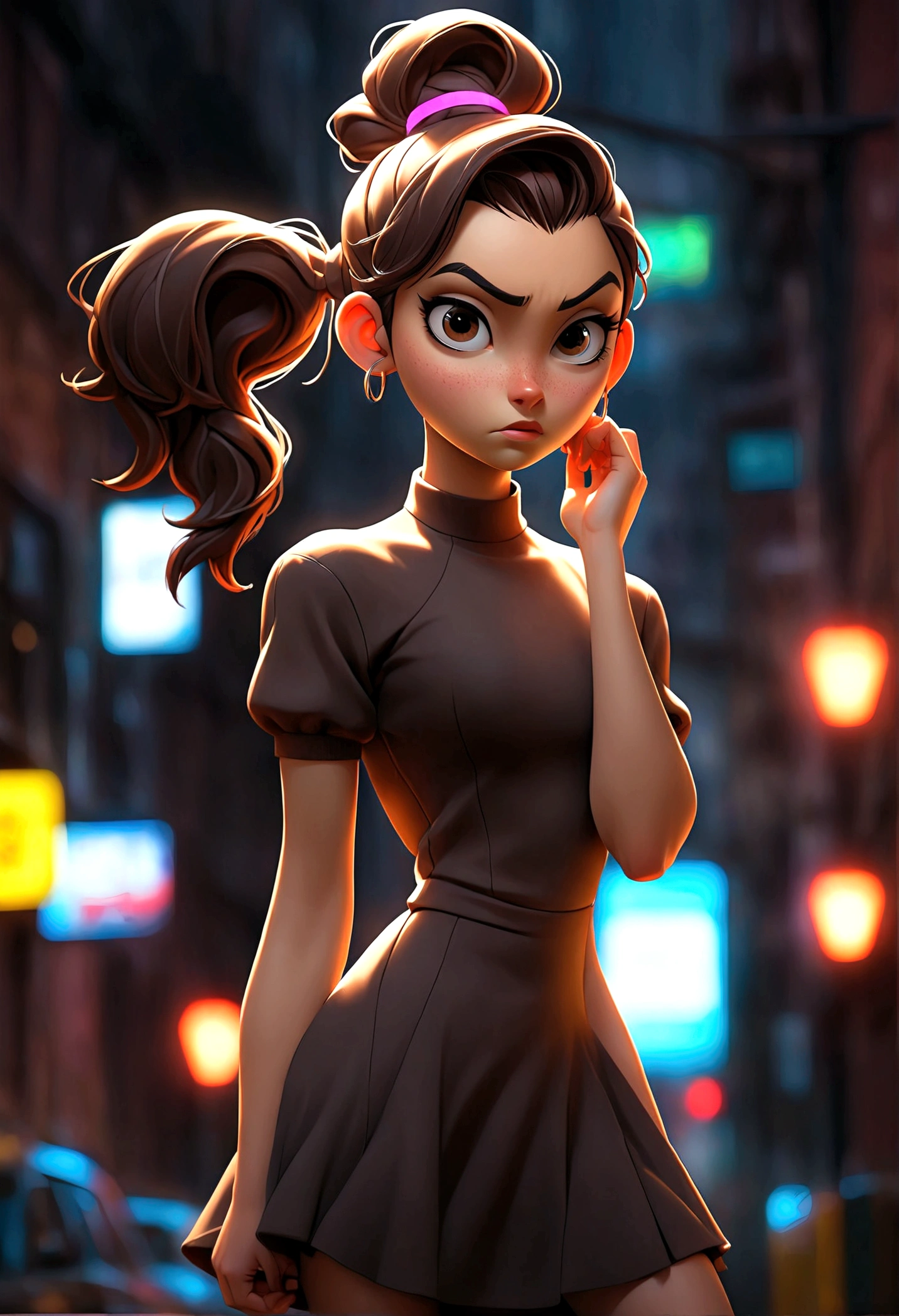 (best quality, 1girl, full body shot, standing, wearing a short dress, moody lighting, neon lights background, city street, beautiful detailed eyes, dark brown hair, high ponytail)
