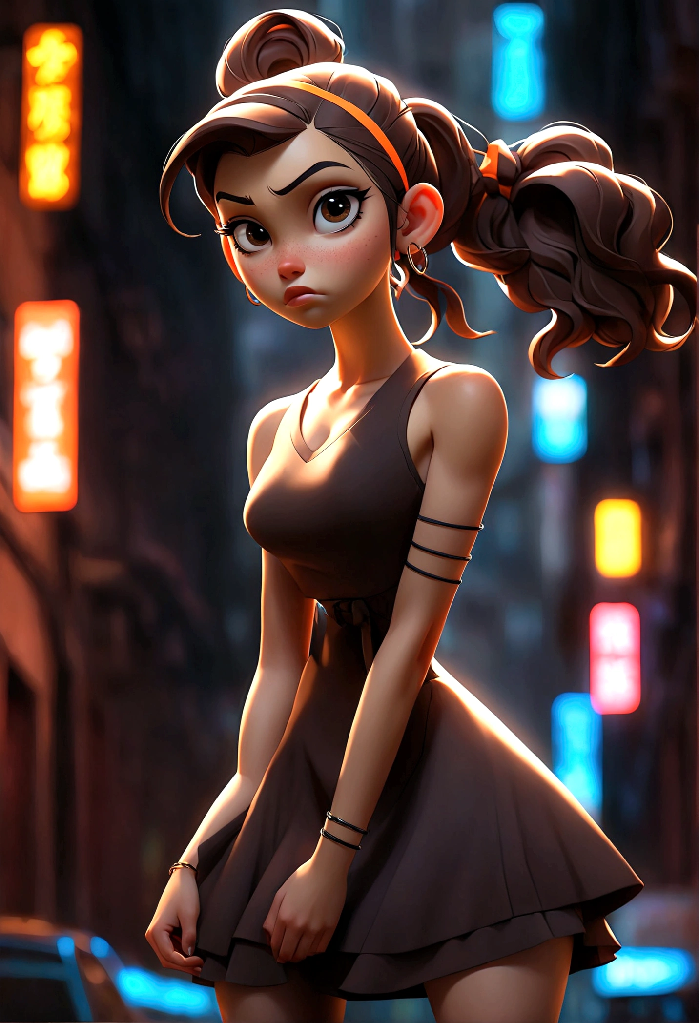 (best quality, 1girl, full body shot, standing, wearing a short dress, moody lighting, neon lights background, city street, beautiful detailed eyes, dark brown hair, high ponytail)
