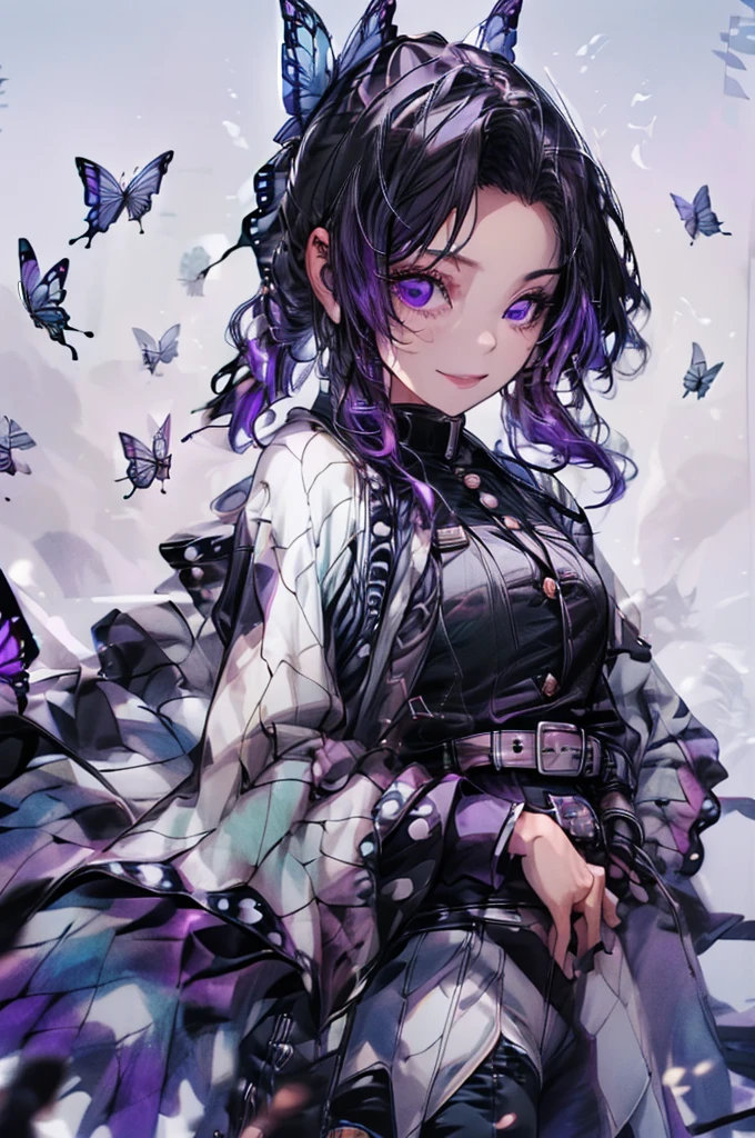 masterpiece, best quality,(detailed), 1girl, solo, kochou shinobu, butterfly hair ornament, purple eyes, multicolored hair, short hair, parted bangs, haori, wide sleeves, long sleeves, black pants, black jacket, belt, sexy, smile, from below, fingering, schlick, masturbation