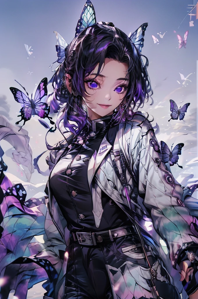 masterpiece, best quality,(detailed), 1girl, solo, kochou shinobu, butterfly hair ornament, purple eyes, multicolored hair, short hair, parted bangs, haori, wide sleeves, long sleeves, black pants, black jacket, belt, sexy, smile, from below, fingering, schlick, masturbation