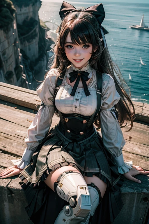 1girl, solo, smile, underbust, Penny Polendina, long hair, neck ribbon, suspender skirt, corset, black bow, white blouse, mechanical legs, neon trim, sitting outdoors, military wedding, lavish wedding reception, on hillside, overlooking coast, sea, crowd, (crowd in military dress),