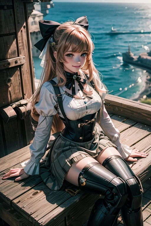 1girl, solo, smile,  underbust, Penny Polendina, long hair, neck ribbon, suspender skirt, corset, black bow, white blouse, mechanical legs, neon trim, sitting outdoors, military wedding, lavish wedding reception, on hillside, overlooking coast, sea, crowd, (crowd in military dress),
