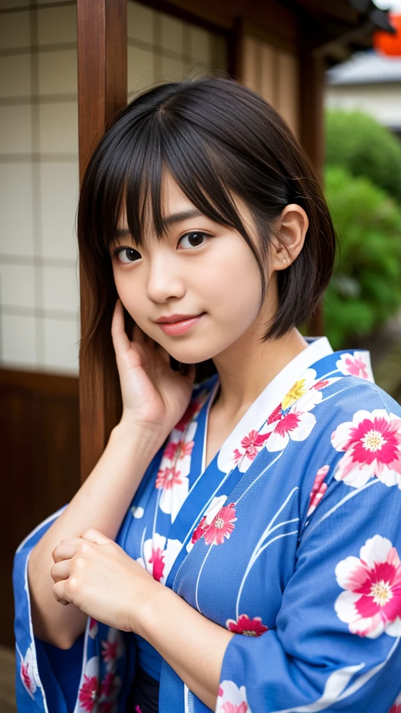 Best-quality, Masterpiece, Ultra-High-Resolution, (Photorealistic:1.4), Raw-Photo, 1girl, lesbian, 15-years-old, the most popular Japanese idol, extremely cute face like the most famous Japanese idol, extremely beautiful big-black-eyes, extremely beautiful short-hair, extremely beautiful skins, extremely beautiful lips, extremely beautiful extremely short body, having a lot of fun at Japanese hot spring inn, wearing Japanese-YUKATA, detailed Japanese-YUKATA