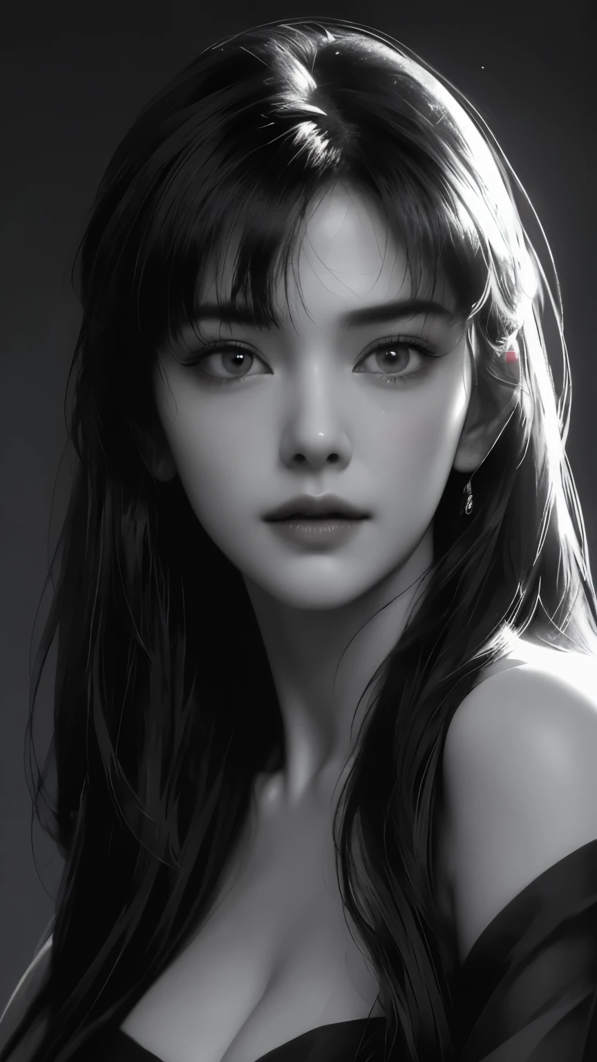 masterpiece, best quality, RAW photos, high resolution, hyper-detailing, Focus on the face, looking at viewer, Detailed eyebrows, realistic beautiful eyes, realistic glossy skin, straight Bangs, realistic movie lighting, detail shaded, high contrast, Slender, big boob, Big breasts, Exposed cleavage, nsfw, Sexy face, Facial expressions when receiving pleasure, ((Dark background)),