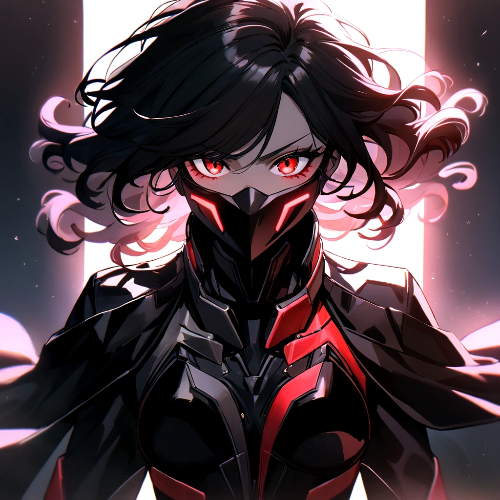 make me a female, 30 years old, dark skin, black long curly hair, red eyes, cyber clothes, red and black outfit, mask