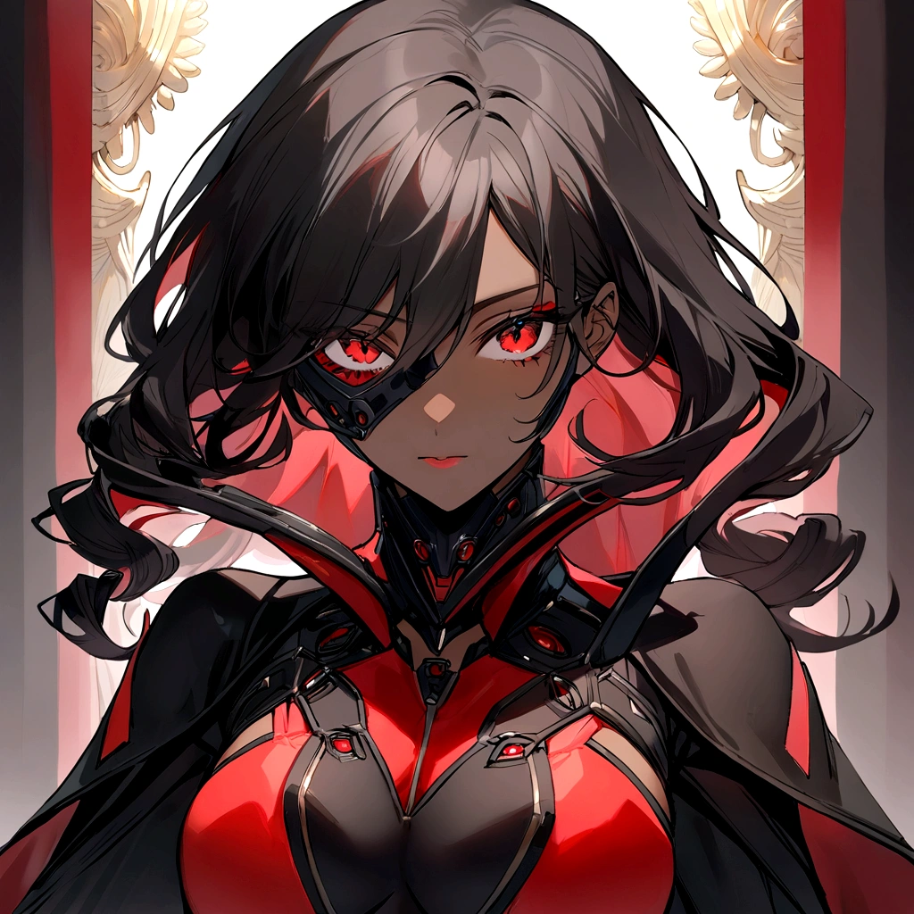 Anime style: 1.9, (dramatic pose, tall, 27-year-old woman, dark hair, scarlet-red eyes, perfect figure, large breasts, white bodysuit, visible roll-ups on sleeves, ample cleavage, collar at neck, long black boots with flames, sinister gaze, (intense expression, fiery background)), Detailed wide hair bangs, Hair Ornament, Detailed black hair, shiny streaks, slim arms, detailed golden crest, cleavage, large hands, (hair covers shoulders), (perfect body proportions, toned muscles), (absent smile, intense stare), Ultra-detailed, high
