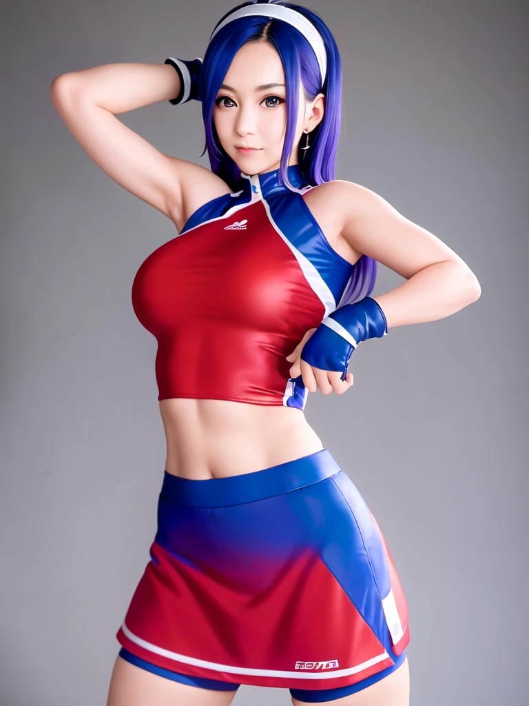 20-year-old woman, alone, alone, athletic, sexy body, wears a short red skirt and blue shorts under the skirt, wears a red and blue top close to her body, wears blue exercise gloves that cover almost her entire forearm, headband on her head with a star, long blue hair flowing, blue sneakers, looks at the viewer very happy, cinematic, ultra-sharp focus, award-winning photography, perfect contrast, high sharpness, depth of field. ultra detailed photography, global illumination, fluid, ultra high definition, 8k, Unreal Engine 5, ultra sharp focus, award winning photography, art season trends,
