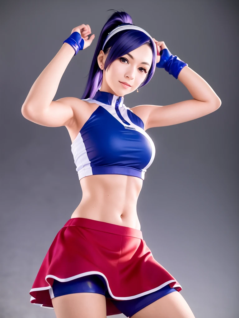 20-year-old woman, alone, alone, athletic, sexy body, wears a short red skirt and blue shorts under the skirt, wears a red and blue top close to her body, wears blue exercise gloves that cover almost her entire forearm, headband on her head with a star, long blue hair flowing, blue sneakers, looks at the viewer very happy, cinematic, ultra-sharp focus, award-winning photography, perfect contrast, high sharpness, depth of field. ultra detailed photography, global illumination, fluid, ultra high definition, 8k, Unreal Engine 5, ultra sharp focus, award winning photography, art season trends,
