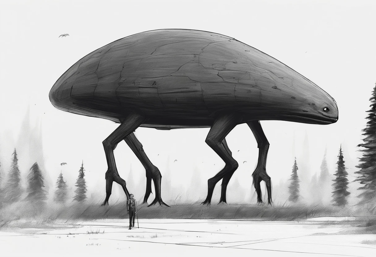 Black creature the size of a building with long, thick arms,the creature is covered in vegetation, and the creature has holes in its face and it has no mouth,the creature is walking through the forest
