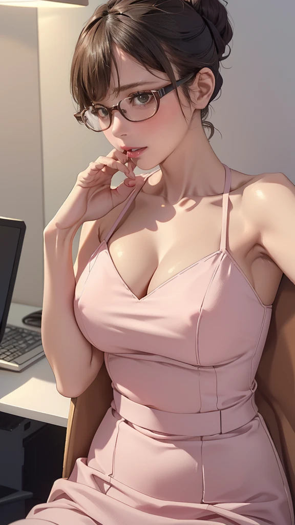 1woman,random office lady fashion,(Thin type),(large breasts),(random sexy pose),(random hairstyle),(Highest image quality,(8K), Ultra-realistic, Best Quality, High quality, High Definition, high quality texture, high detailing, Beautiful detailed, fine detailed, extremely details CG, Detailed texture, realistic representation of face, masterpiece, presence),(wearing glasses:1.2)