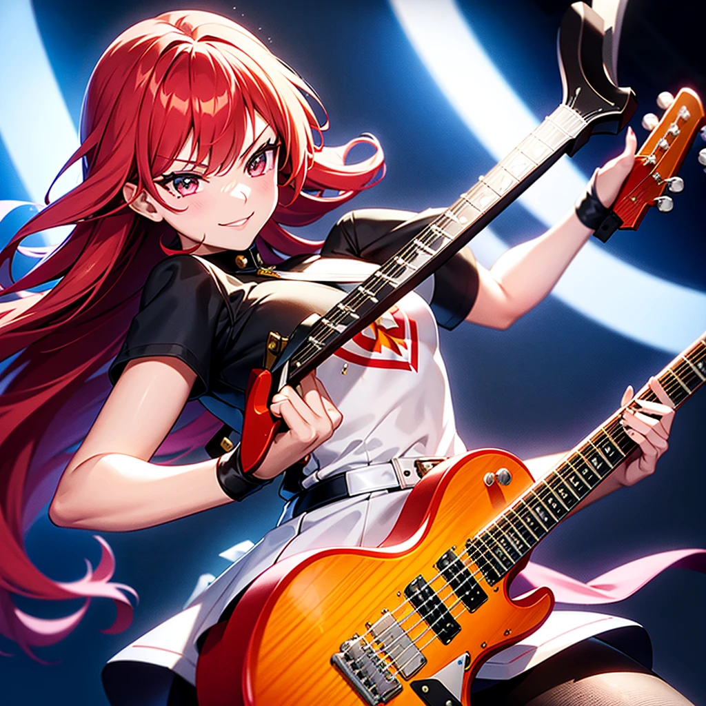 flying guitar burns, Princess of Heavy Metal, Cherry Sunburst, V-Shaped Guitar, Sassy Young Lady Guitarist Click Posing with wry smile, Uprising Her Guitar