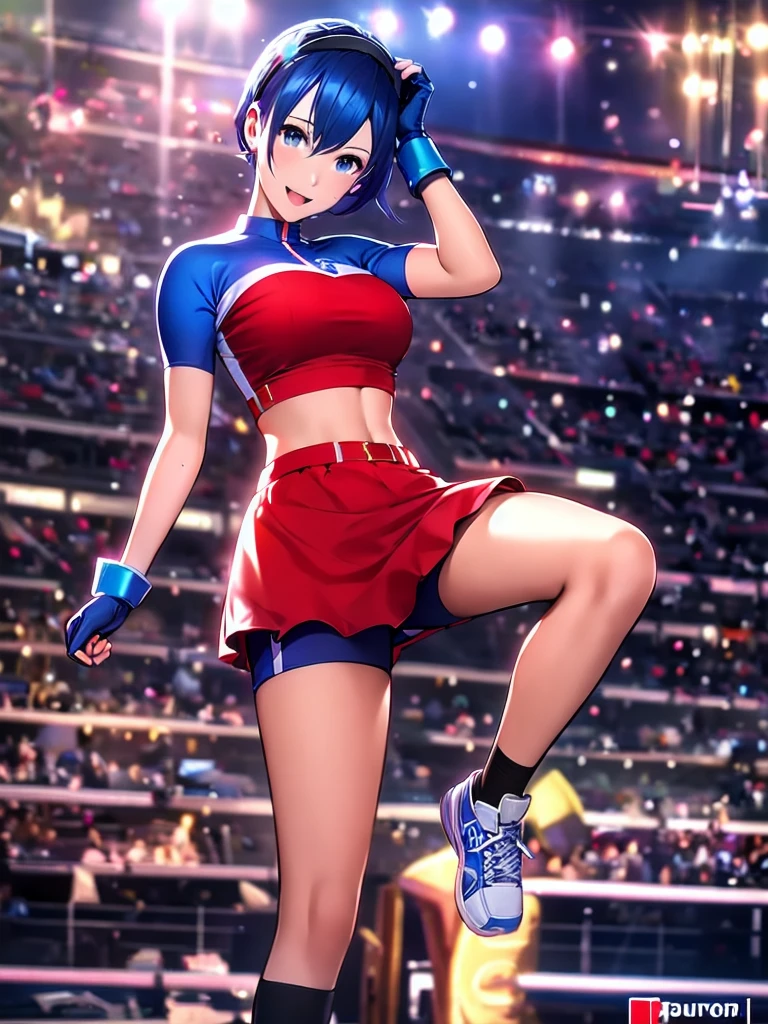 20-year-old woman, alone, alone, athletic, sexy body, wears a short red skirt and blue shorts under the skirt, wears a red and blue top close to her body, wears blue exercise gloves that cover almost her entire forearm, headband on her head with a star, long blue hair flowing, blue sneakers, looks at the viewer very happy, cinematic, ultra-sharp focus, award-winning photography, perfect contrast, high sharpness, depth of field. ultra detailed photography, global illumination, fluid, ultra high definition, 8k, Unreal Engine 5, ultra sharp focus, award winning photography, art season trends,
