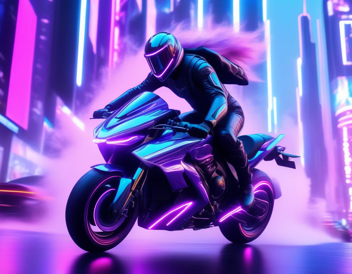 Ultra-realism, ((Masterpiece)), ((Best Quality)), (Very Detailed), ((Very Detailed)), 4K, (8K), very aesthetic, absurdres highres, 1boy, motorcycle, riding, speed lines, motion blur, dynamic pose, wind effects, futuristic city, night, neon lights, pink lighting, blue lighting, purple lighting, holographic display, aerodynamic motorcycle, flashlights, futuristic helmet, leather suit, high-tech gear, skyscrapers, metallic, cyberpunk, holographic advertisements, strong contrast, speed, exhilaration