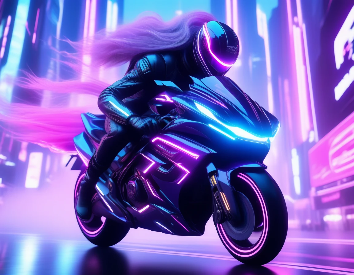 a young woman riding a futuristic motorcycle in the city, trail of lights, long exposure, akira anime style, highly detailed, cinematic, dramatic lighting, vibrant colors, neon lights, dark city background, intricate details, intricate mechanical design, powerful engine, dynamic pose, flowing hair, intense expression, speeding motion blur