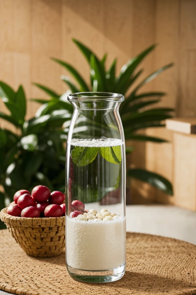 I need an advertising image containing a 1 liter white cork glass with freshly cut lychees inside
