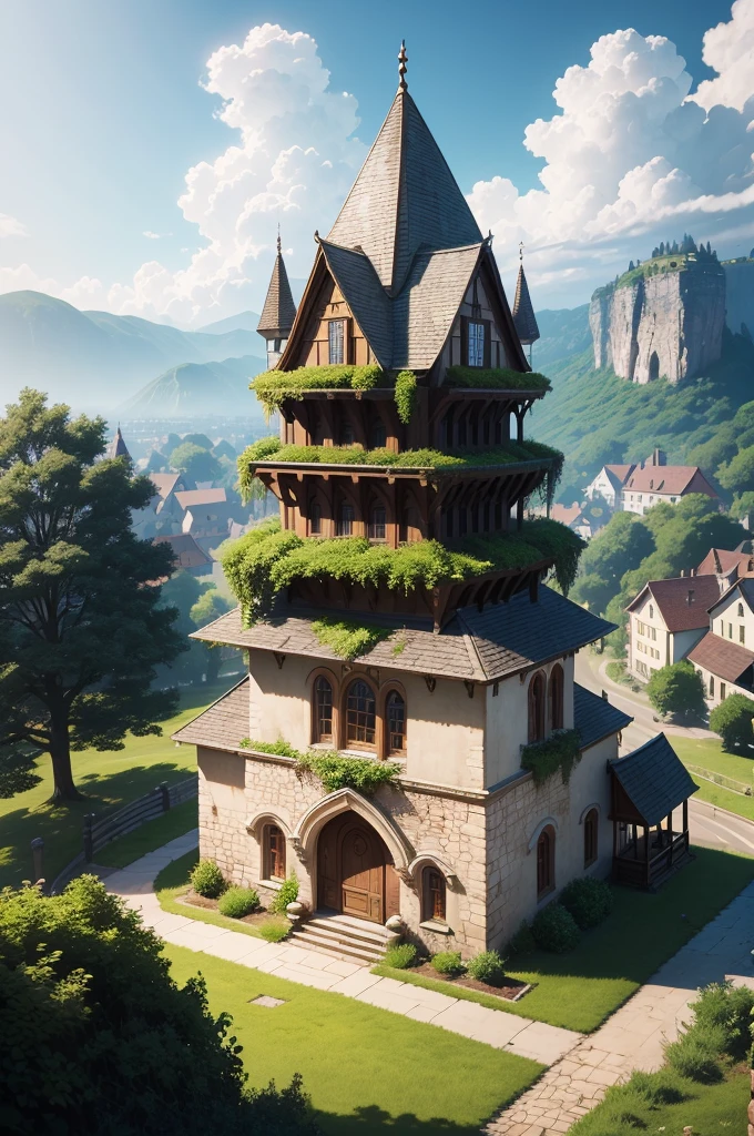beautiful and elegant scenery of a huge medieval and fantasy-like village nestled between several trees and such, the view should be behind a few village houses to set the dynamic view, the sun is shining brightly from above, cinematic, realistic shading and lighting, 4k, 8k, anime, anime drawing, anime sketch, anime style, anime illustration, anime screenshot ,capital,capital,