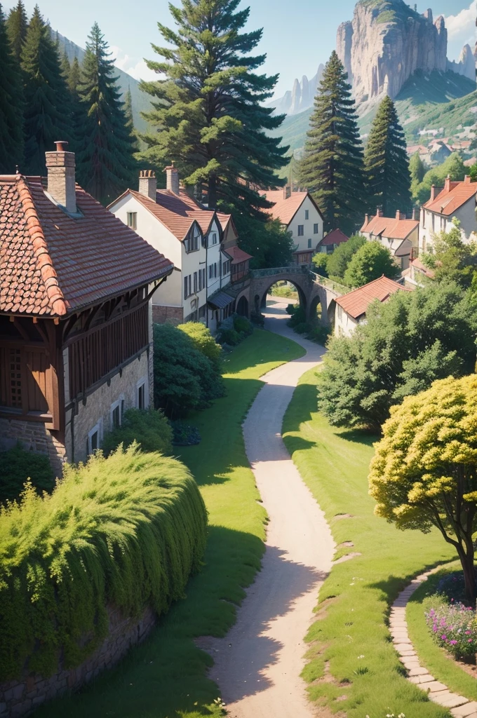 beautiful and elegant scenery of a huge medieval and fantasy-like village nestled between several trees and such, the view should be behind a few village houses to set the dynamic view, the sun is shining brightly from above, cinematic, realistic shading and lighting, 4k, 8k, anime, anime drawing, anime sketch, anime style, anime illustration, anime screenshot ,capital,capital,