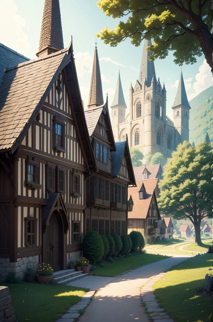 beautiful and elegant scenery of a huge medieval and fantasy-like village nestled between several trees and such, the view should be behind a few village houses to set the dynamic view, the sun is shining brightly from above, cinematic, realistic shading and lighting, 4k, 8k, anime, anime drawing, anime sketch, anime style, anime illustration, anime screenshot  ,capital,capital,