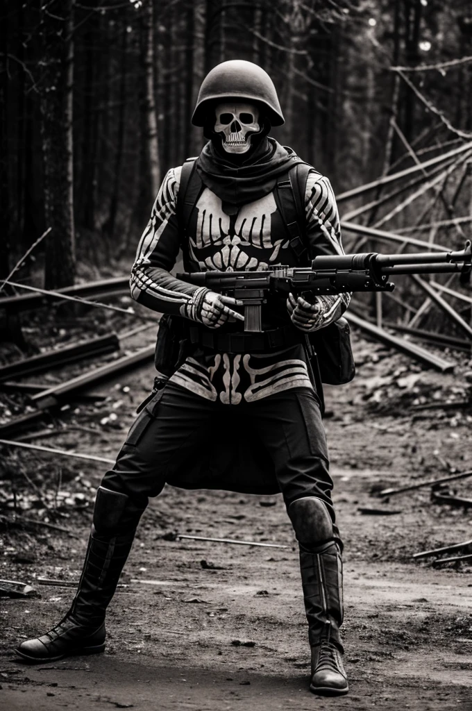 Skeleton dressed as Russian soldier with weapon in hand in black and white 