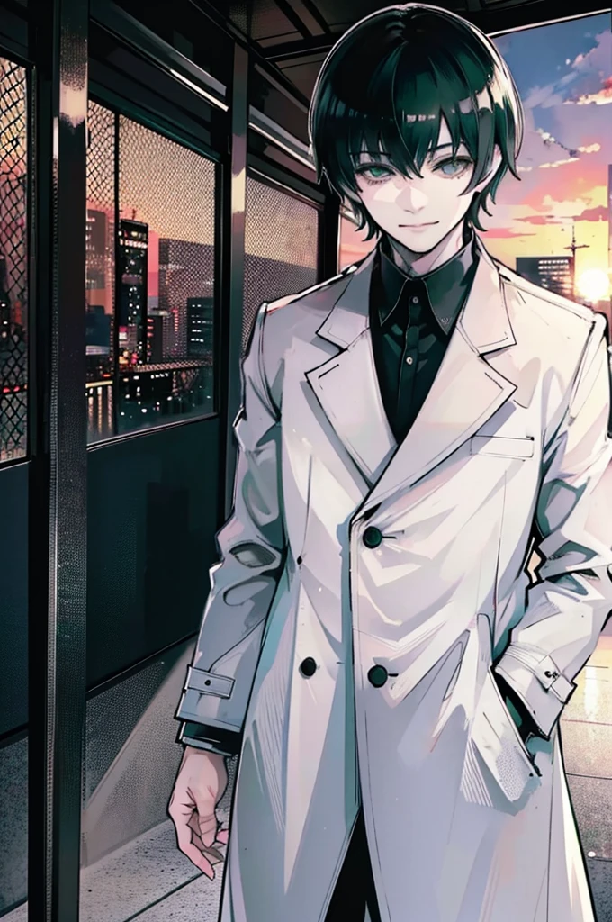 young man, black medium hair, green eyes, smiling, medium hair, wearing a pure white trench coat, wearing black pants, in one city, 4k, detailed, sui ishida art style, detailed eyes, in a sunset city
