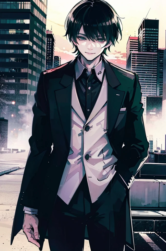 young man, black medium hair, green eyes, smiling, medium hair, wearing a pure white trench coat, wearing black pants, in one city, 4k, detailed, sui ishida art style, detailed eyes, in a sunset city
