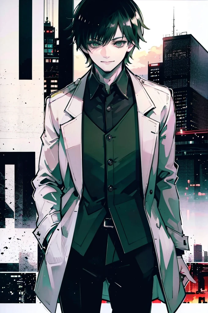 young man, black medium hair, green eyes, smiling, medium hair, wearing a pure white trench coat, wearing black pants, in one city, 4k, detailed, sui ishida art style, detailed eyes, in a sunset city
