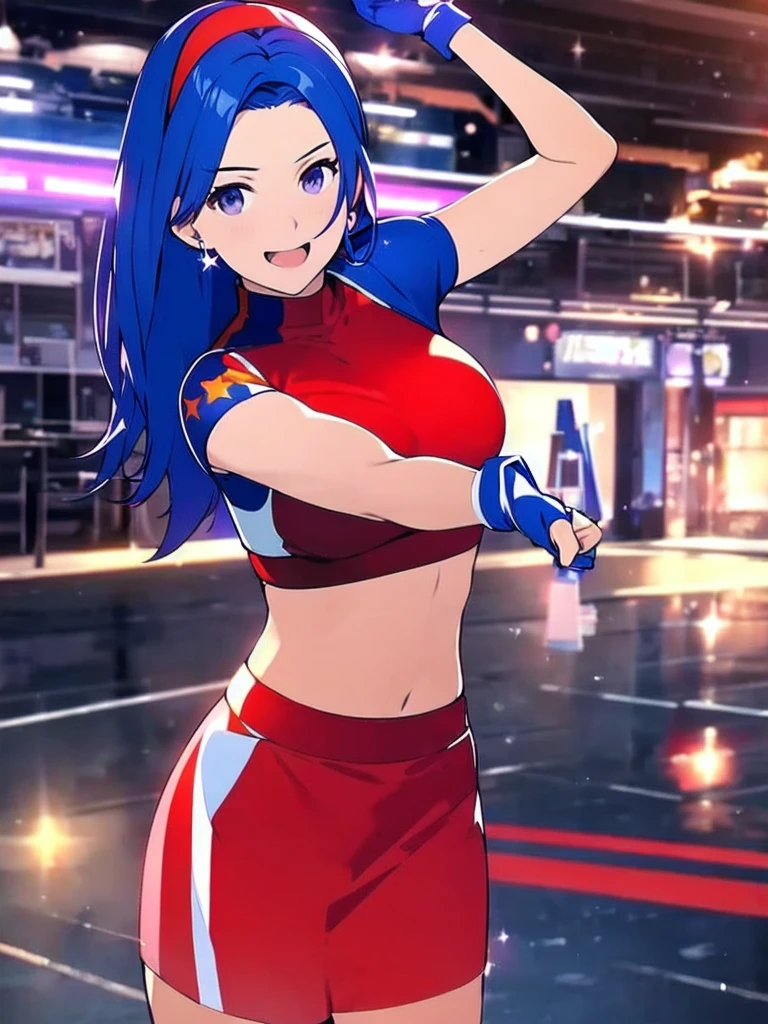 20-year-old woman, alone, alone, athletic, sexy body, wears a short red skirt and blue shorts under the skirt, wears a red and blue top close to her body, wears blue exercise gloves that cover almost her entire forearm, headband on her head with a star, long blue hair flowing, blue sneakers, looks at the viewer very happy, cinematic, ultra-sharp focus, award-winning photography, perfect contrast, high sharpness, depth of field. ultra detailed photography, global illumination, fluid, ultra high definition, 8k, Unreal Engine 5, ultra sharp focus, award winning photography, art season trends,
