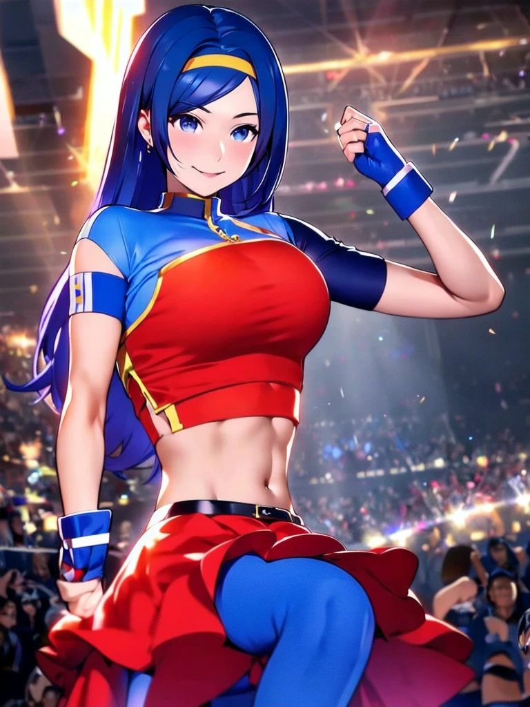 20-year-old woman, alone, alone, athletic, sexy body, wears a short red skirt and blue shorts under the skirt, wears a red and blue top close to her body, wears blue exercise gloves that cover almost her entire forearm, headband on her head with a star, long blue hair flowing, blue sneakers, looks at the viewer very happy, cinematic, ultra-sharp focus, award-winning photography, perfect contrast, high sharpness, depth of field. ultra detailed photography, global illumination, fluid, ultra high definition, 8k, Unreal Engine 5, ultra sharp focus, award winning photography, art season trends,
